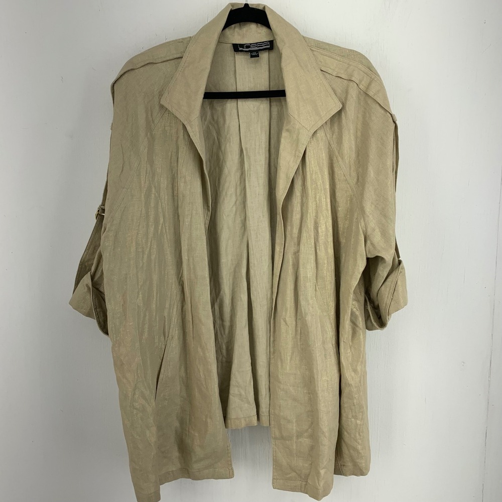 Linear Womens 2X Jacket LInen Blend Open Front Safari Shimmer Roll Tab Relaxed